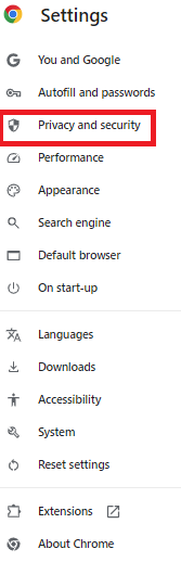 privacy and security button, third under settings