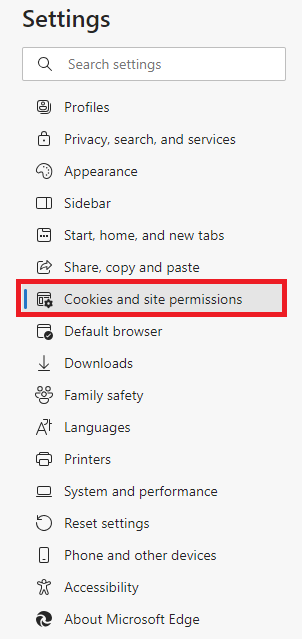cookies and site permissions located in the middle of the page underneath settings