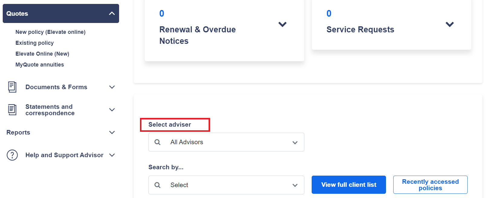 Select adviser is located towards the bottom middle of the page, it is followed by all advisors dropdown