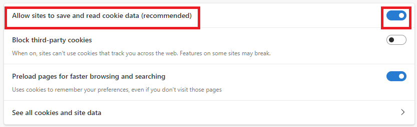allow sites to save and read cookie data, toggle option is located at the top
