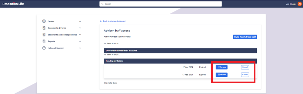 screenshot of adviser staff access