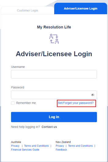 set/forget your password is located under the password field